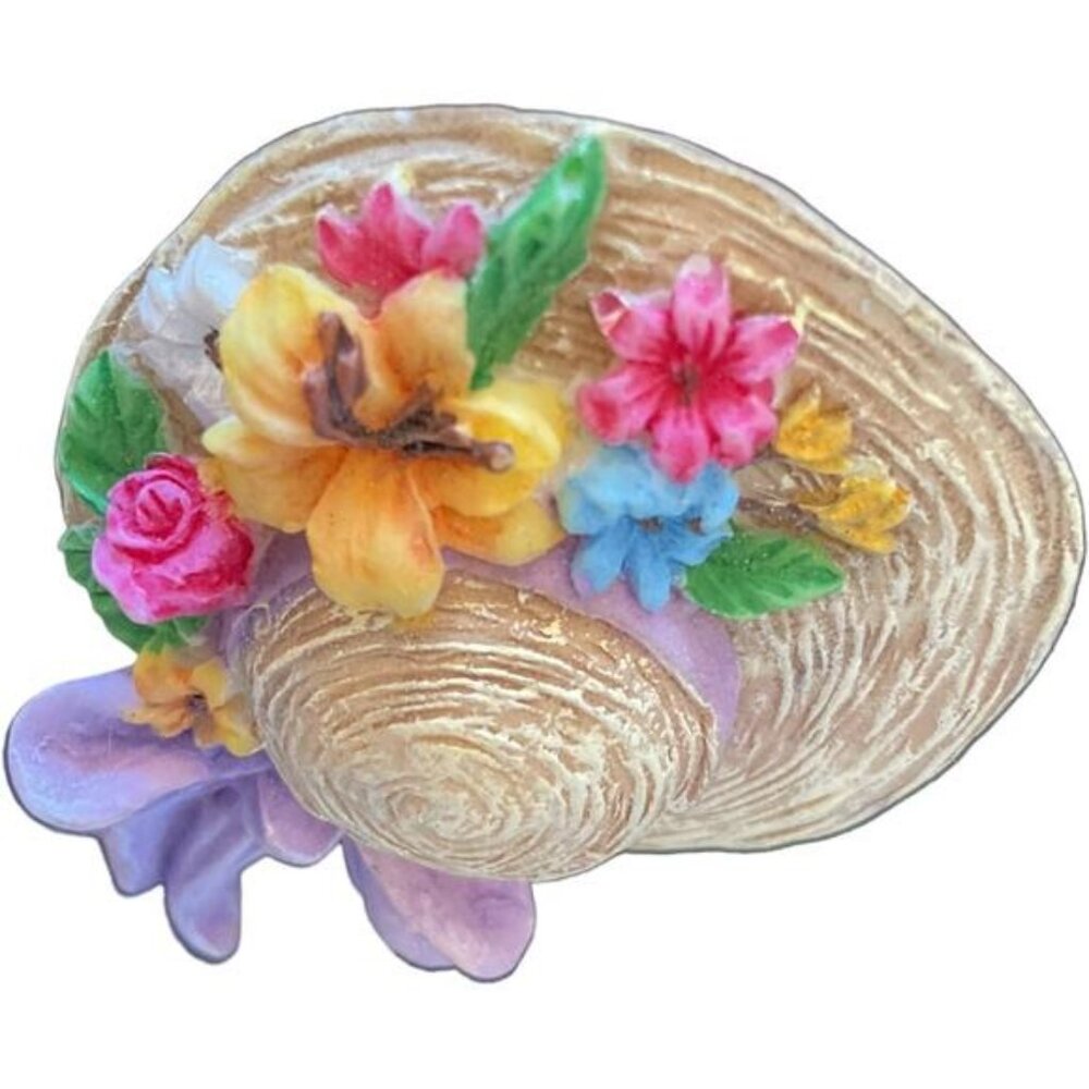 Vintage Floral Straw Hat Brooch With Purple Bow & Colorful Flowers - Picture 2 of 4